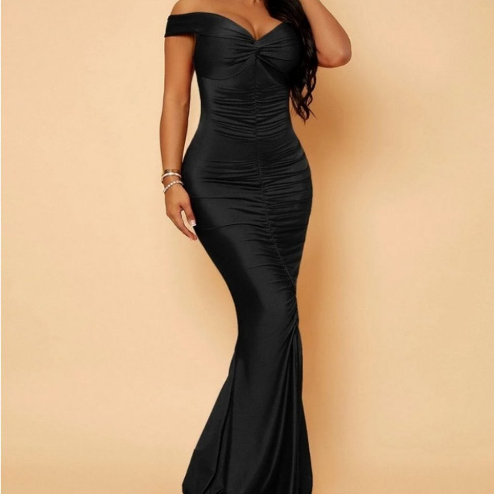 elegant black twist front runched off shoulder dress